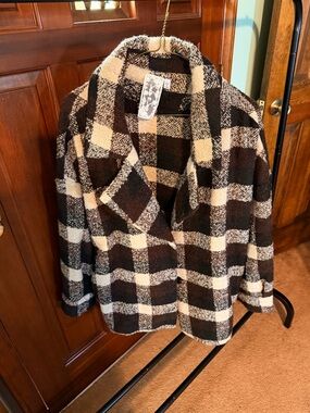 Cozy Plaid Open Front Jacket in Brown and Cream